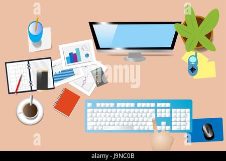Draufsicht der Schreibtisch mit Zubehör, Computer-Monitor und Tastatur. Hand berührt Computertastatur. Stock Vektor
