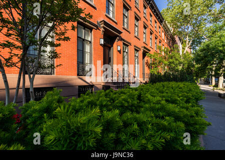 19. Jahrhundert Stadthäuser mit Backsteinfassaden und schmiedeeiserne Geländer. Sommer in Chelsea. Manhattan, New York City Stockfoto