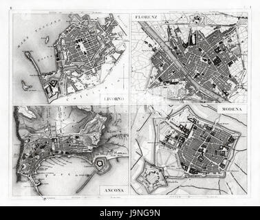 1874 antike deutsche Enzyklopädie Atlas drucken: Florenz Livorno Ancona Modena Stadtpläne von Nord- und Mittelitalien. Stockfoto