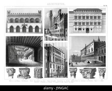 1874 antike deutsche Enzyklopädie Atlas Print: italienische gotische Architektur von Florenz, Venedig und andere aus der Gotik und der frühen Renaissance-Zeiten. Stockfoto