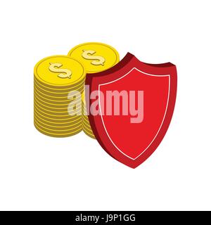 Stapel von Goldmünzen mit Schild, Finanzen Schutzsymbol. Flache isometrische Symbol oder Logo. 3D Style Piktogramm für Web-Design, UI, Mobile App, Infographi Stock Vektor