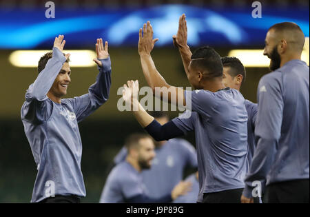 Real Madrid Cristiano Ronaldo während einer Trainingseinheit vor der UEFA Champions League Finale im National Stadium, Cardiff. Stockfoto