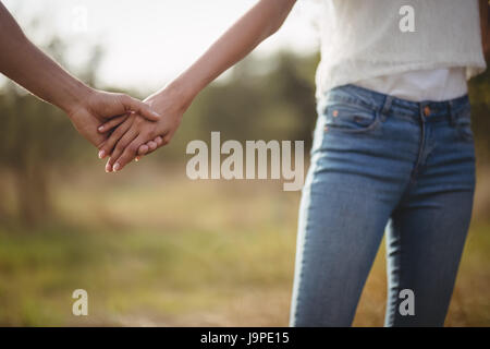 Bild von paar Hand in Hand auf Feld am Bauernhof beschnitten Stockfoto