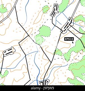 Topographische Karte Hintergrund Konzept mit Straßen, Wälder, Siedlungen, Relief Konturen. Kartographie-Vektorgrafik In Farbe. Stock Vektor