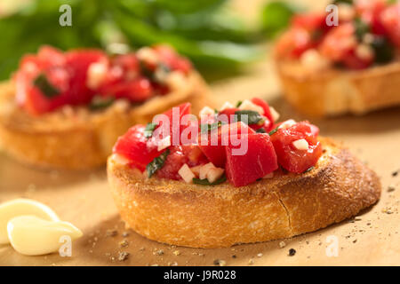 Knoblauch, Italienisch, Starter, Baguette, Snack, Tomate, Brot, Pfeffer, Scheibe, Stockfoto