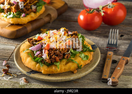 Hausgemachte indische Braten Brot Tacos mit Boden Rindfleisch, Salat und Tomate Stockfoto