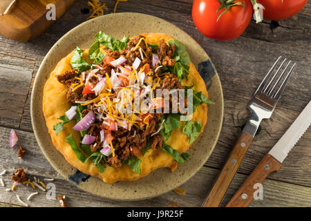 Hausgemachte indische Braten Brot Tacos mit Boden Rindfleisch, Salat und Tomate Stockfoto