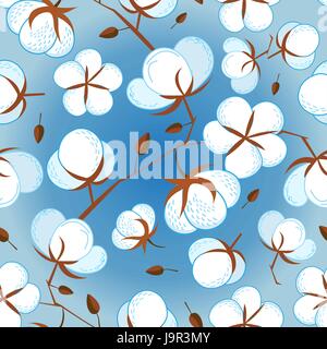 Nahtlose Muster aus Blumen Baumwolle auf blauem Hintergrund Stock Vektor