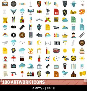 100 Kunstwerke Icons set, flach Stil Stock Vektor