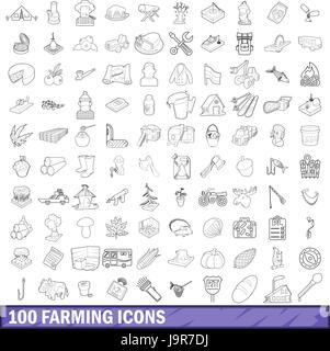 100 Icons Set, Umriss-Stil Landwirtschaft Stock Vektor