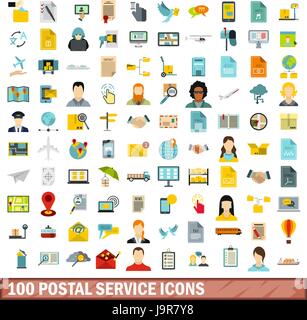 100 Postdienst Icons set, flach Stil Stock Vektor