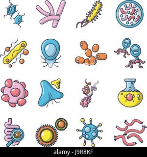 Virus Bakterien Icons Set, Cartoon-Stil Stock Vektor