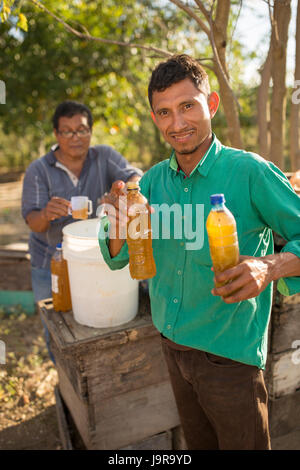 Honigbiene Halter Flasche frisch geerntete Honig bei Léon Abteilung, Nicaragua. Stockfoto