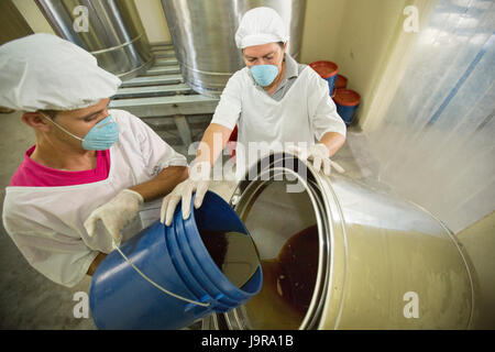 Arbeiter Filtern Honig in eine Genossenschaft Verpackungsanlage in der Stadt El Sauce, Nicaragua. Stockfoto