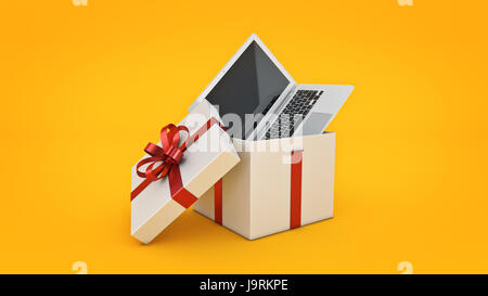 Laptop-Computer. Geschenk-Box-Konzept. 3D-Rendering Stockfoto