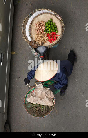 Straßenhändler mit runden Körbe mit Obst und Gemüse auf dem Fahrrad, Altstadt, Hanoi, Vietnam Stockfoto