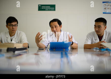 (170603)--YICHANG, 3. Juni 2017 (Xinhua)--Surgeon Mei Changqing (C) bespricht mit seinen Kollegen in der Volksrepublik Hospital of Zigui County, Hubei Provinz Zentral-China, 3. Juni 2017. Mei Changqing gehört zu denjenigen, die die Wiederaufnahme der College-Aufnahmeprüfung 1977 profitiert. Der Chirurg, als Schriftsetzer in 1976 nach Abitur, sein Schicksal durch Einnahme der College-Aufnahmeprüfung 1977 verändert und wurde von Yichang Medical School eingeschrieben. Seit 30 Jahren in der klinischen Medizin engagiert worden, ist Mei Changqing stolz auf seine Wahl. (Xinhua/Lei Yong) (l Stockfoto