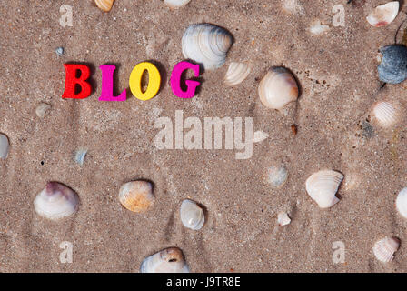 Word-Blog von bunten Holzbuchstaben auf Sand mit Muscheln, Ansicht von oben Stockfoto