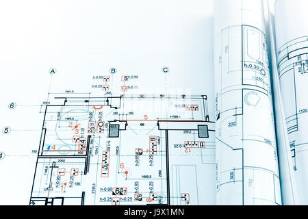 Baupläne und Rollen von architektonischen Plan Zeichnungen Stockfoto