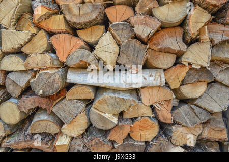 Ein Haufen von Holz mit einem Protokoll in der Mitte gelegt horizontale. Stockfoto