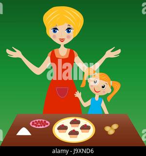 Mutter mit Töchterchen bereiten köstliche Kuchen, Vektor-illustration Stock Vektor