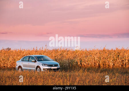 Gomel, Weißrussland - 14. September 2016: Volkswagen Polo Vento Limousine Parkplatz in der Nähe von Landstraße im Herbst Feld. Sonnenuntergang Sonnenaufgang Himmel auf einem Hintergrund In Stockfoto