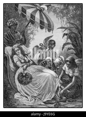 XIX Jahrhundert Abbildung, mittags Pause in einer Florida-Plantage: junge Frau schläft im Freien unter einem Sonnenschirm von Dienern umgeben Stockfoto