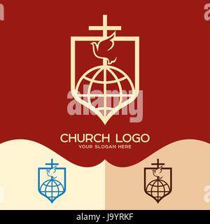 Logo der Kirche. Cristian Symbole. Kreuz, Taube und Globus Stock Vektor