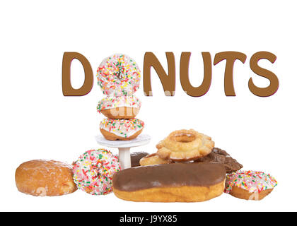 Vielzahl von Donuts isoliert auf weißem Hintergrund mit Wort DONUTS über Stapel, mit einem bestreuen Donut für O. Stockfoto