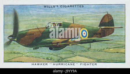 Hawker Hurricane Kampfflugzeug in Wills 1938 Speed A-Serie von Zigarettenkarten Stockfoto