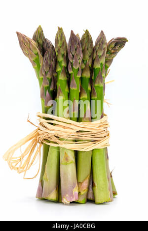 Handvoll frische grüne Spargelstangen mit Bast Nahaufnahme isoliert auf weiss gebunden. Stockfoto