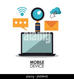 weißem Hintergrund Plakat von Mobilgeräten mit Laptop und gemeinsame Symbole Stock Vektor