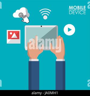 bunte Poster von mobilen Geräten mit Tablet und gemeinsame Symbole Stock Vektor