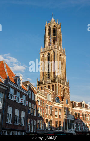 Dom-Turm der St.-Martins-Dom und Häuser aus dem Vismarkt (Fischmarkt) an einem sonnigen Tag, Utrecht, Niederlande. Stockfoto