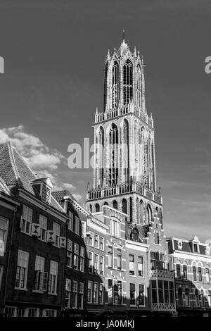 Dom-Turm der St.-Martins-Dom und Häuser aus dem Vismarkt (Fischmarkt) an einem sonnigen Tag, Utrecht, Niederlande. Stockfoto