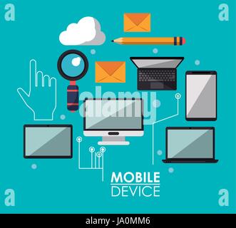 blaue Poster mit gängigen mobilen Geräte und Symbole Stock Vektor