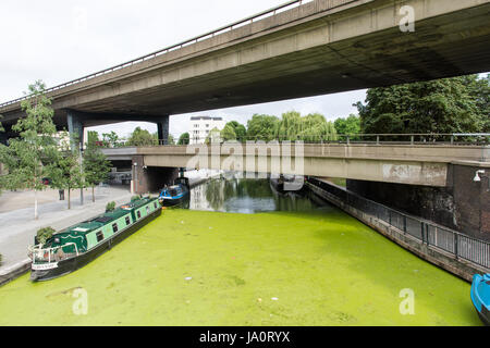 London, England - 17. Juli 2016: Traditionelle Narrowboats angedockt unter Autobahn Westway in Paddington Zweig des Grand Union Canal. Stockfoto
