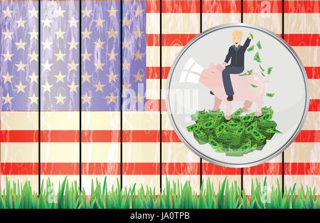 Donald Trump Präsident der Vereinigten Staaten und Independence Day. Illustration für Ihr Design. Vektor. Präsident des Schweins. Geld-Schwein - Sparschwein auf der Stock Vektor