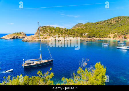 Segelboot auf dem blauen Meerwasser in Cala Salada Bucht, Insel Ibiza, Spanien Stockfoto