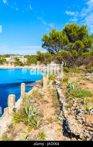 Blick auf Küste und Meer in der Bucht Cala Portinatx, Ibiza Insel, Spanien Stockfoto