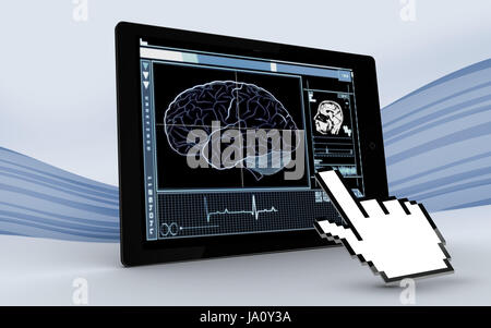 Cursor auf Tablet mit Brain-Interface auf blaue Welle Hintergrund zeigen Stockfoto