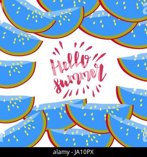 Hallo Sommerzeit Schriftzug Comic-Schriftart in der Sprechblase. Tropischen Saft roter Früchte Wassermelone. Farbige Vektor-Illustration. Lustige Web-frische Öko-bi Stock Vektor