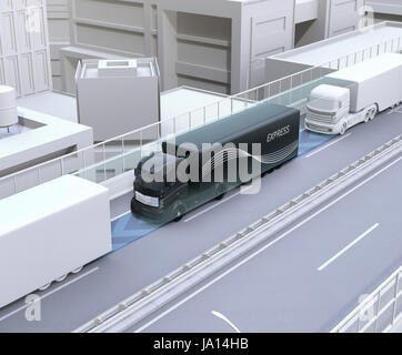 Eine Flotte von autonomen Lkw-fahren auf der Autobahn. Vernetzte Autos-Konzept. 3D-Rendering Bild. Stockfoto