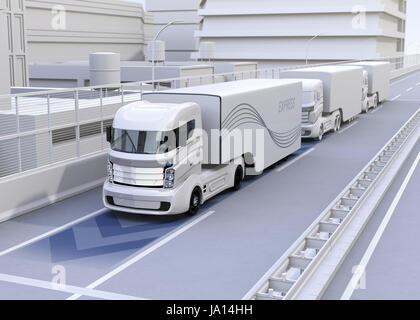 Eine Flotte von autonomen Lkw-fahren auf der Autobahn. Vernetzte Autos-Konzept. 3D-Rendering Bild. Stockfoto