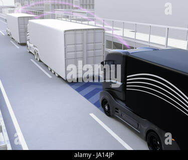 Eine Flotte von autonomen Lkw-fahren auf der Autobahn. Vernetzte Autos-Konzept. 3D-Rendering Bild. Stockfoto