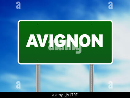 Grün-Avignon, Frankreich Autobahn Zeichen auf Cloud-Hintergrund. Stockfoto