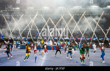 Cardiff, UK. 4. Juni 2017. Die Black Eyed Peas Durchführung vor der UEFA Champions League Finale zwischen Juventus Turin und Real Madrid CF am National Stadium of Wales in Cardiff: Credit: Phil Rees/Alamy Live News Stockfoto