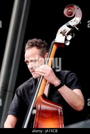 Gemeinsamen Menschen Southampton - 28. Mai 2017 Dylan Clarke, Bassist mit Rock'n'Roll-Band Black Kat Boppers auf der Bühne, Southampton, Hampshire, UK, Stockfoto