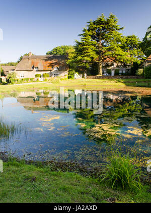 Traditionellen strohgedeckte Hütten spiegeln sich in der Tau-Teich in der englischen Dorf Ashmore, Dorset. Stockfoto