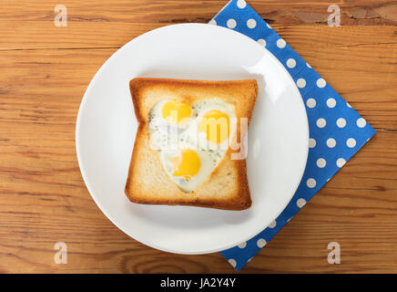 frittierte Wachteleier in einem Toast auf hölzernen Hintergrund Stockfoto
